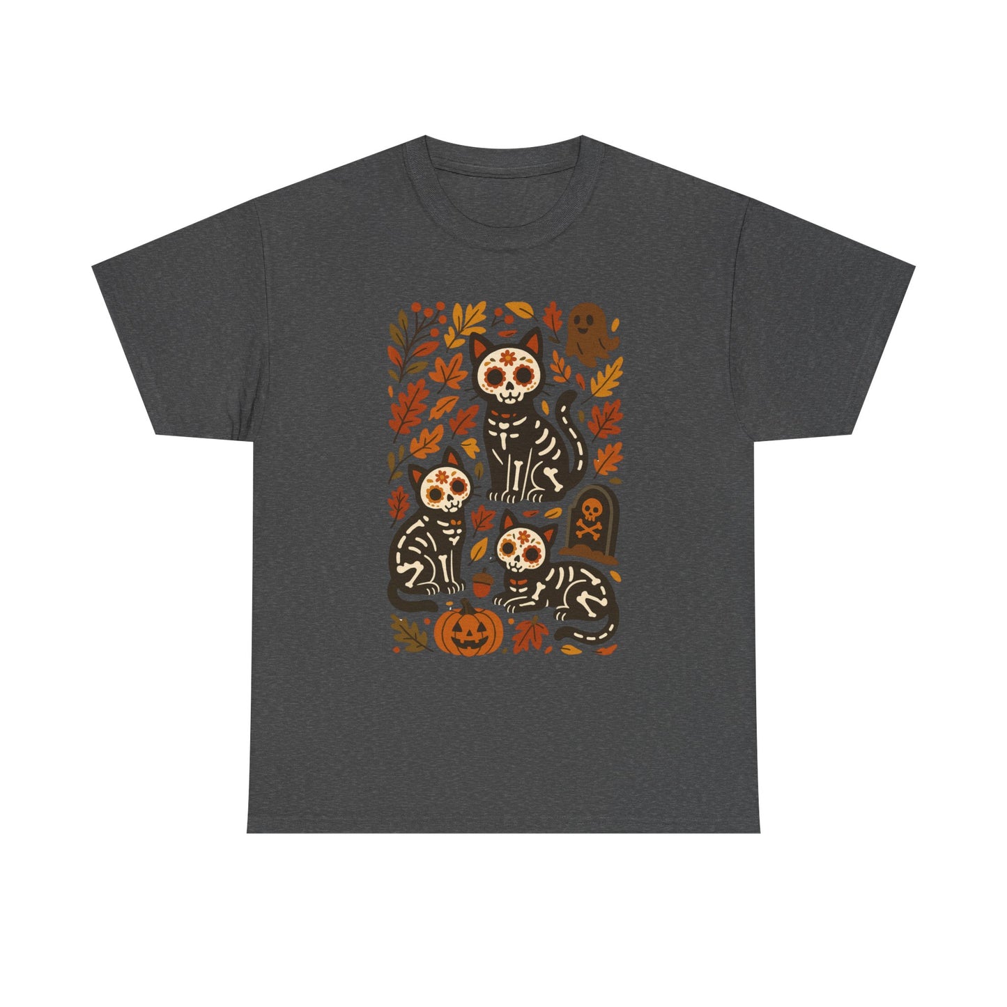 A dark gray heather crewneck t-shirt featuring a central graphic print of four black and white striped cats styled as sugar skulls surrounded by autumn leaves, pumpkins, and tombstones.