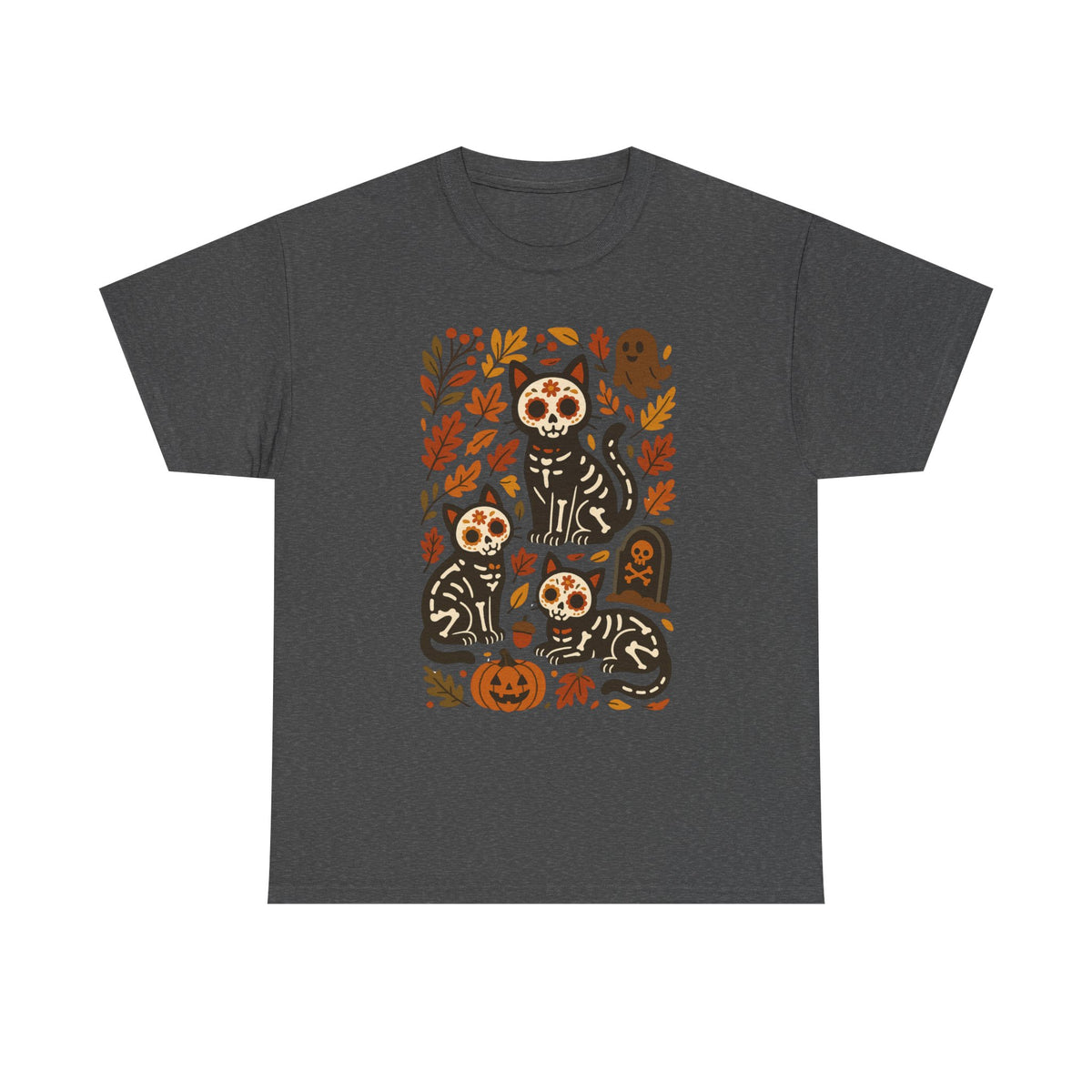A dark gray heather crewneck t-shirt featuring a central graphic print of four black and white striped cats styled as sugar skulls surrounded by autumn leaves, pumpkins, and tombstones.