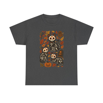 A dark gray heather crewneck t-shirt featuring a central graphic print of four black and white striped cats styled as sugar skulls surrounded by autumn leaves, pumpkins, and tombstones.