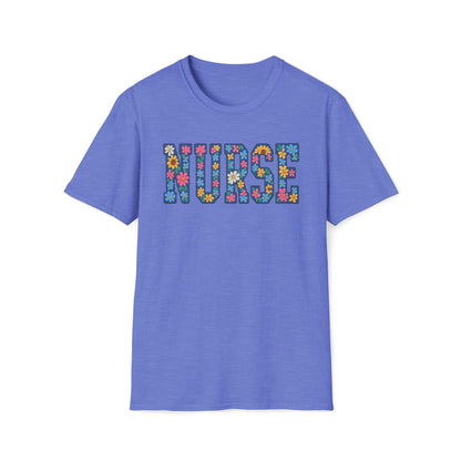 A heathered periwinkle blue short-sleeve t-shirt with the word 'NURSE' printed across the chest in a colorful floral pattern, shown on a plain white background.