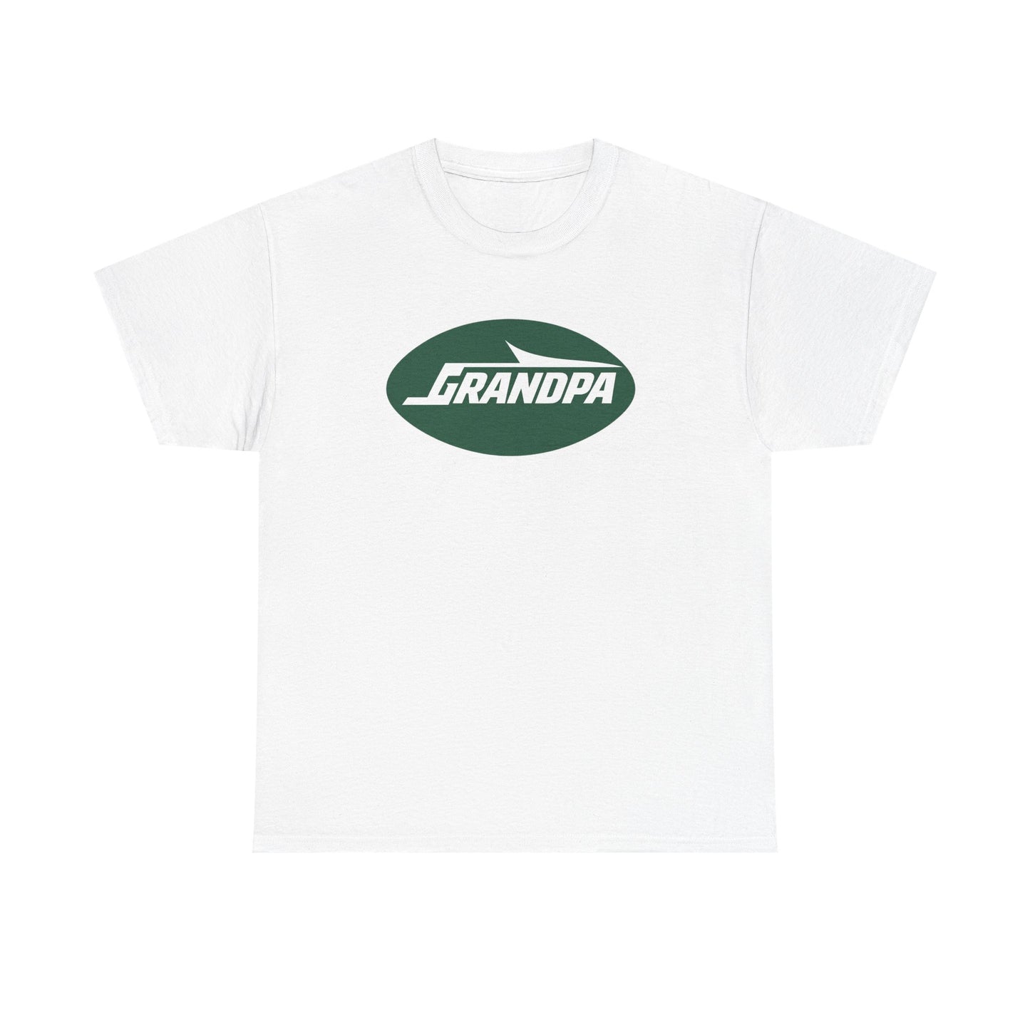 A white short-sleeve crewneck t-shirt featuring a dark green oval graphic on the chest with the text 'GRANDPA' in white.