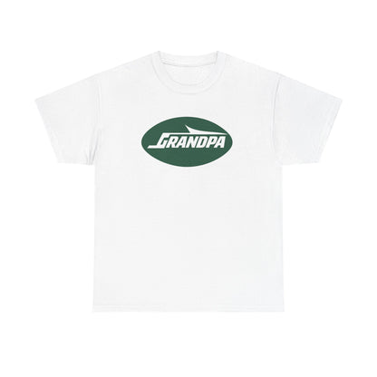 A white short-sleeve crewneck t-shirt featuring a dark green oval graphic on the chest with the text 'GRANDPA' in white.