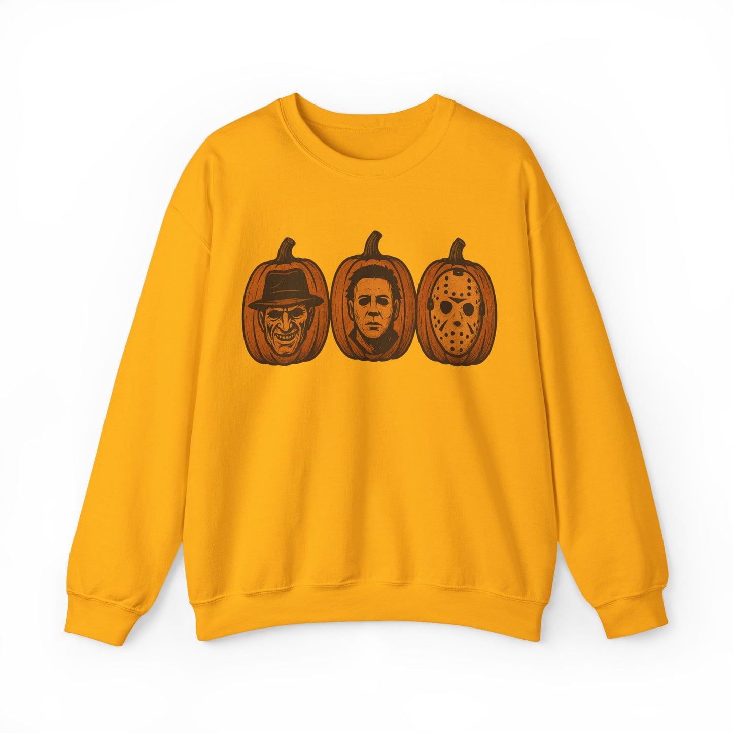 A yellow crewneck sweatshirt featuring a graphic print of three horror movie pumpkin pumpkins on the chest, displayed against a plain white background.