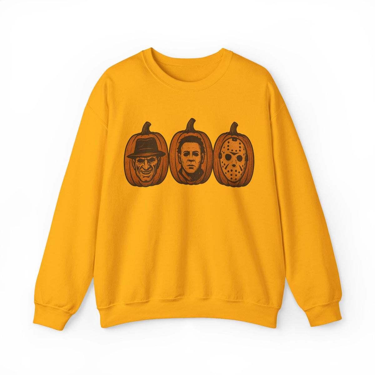 A yellow crewneck sweatshirt featuring a graphic print of three horror movie pumpkin pumpkins on the chest, displayed against a plain white background.