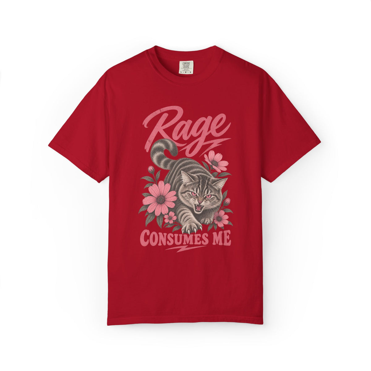A red short-sleeve crewneck t-shirt featuring a graphic print of a cat surrounded by pink flowers and the text 'Rage CONSUMES ME' in a distressed, vintage-style font.