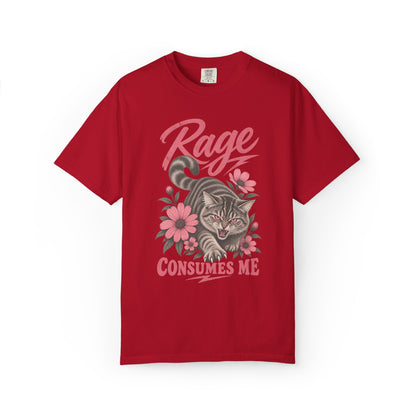 A red short-sleeve crewneck t-shirt featuring a graphic print of a cat surrounded by pink flowers and the text 'Rage CONSUMES ME' in a distressed, vintage-style font.