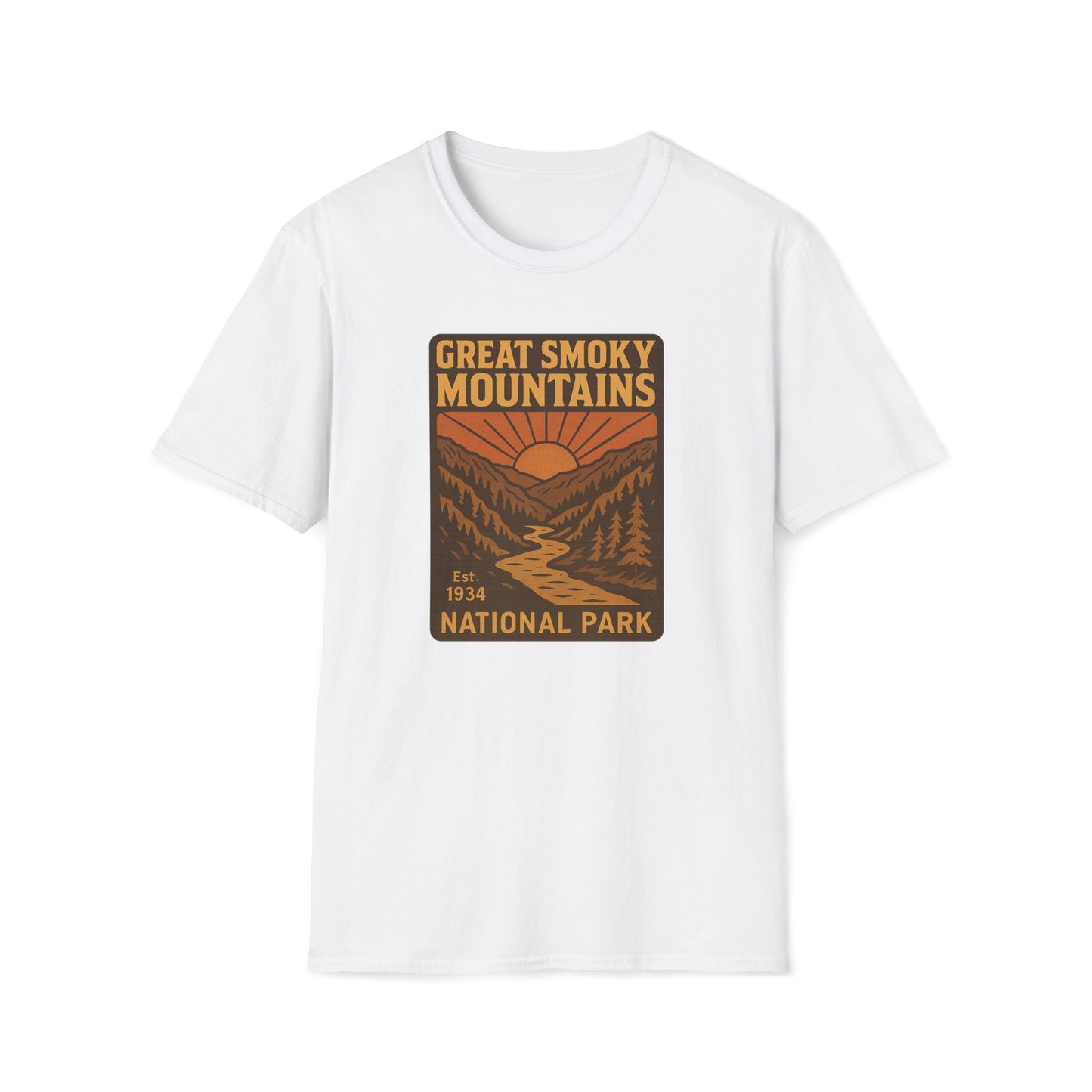 A white short-sleeve crewneck t-shirt featuring a retro-style graphic print of the Great Smoky Mountains National Park on the chest.