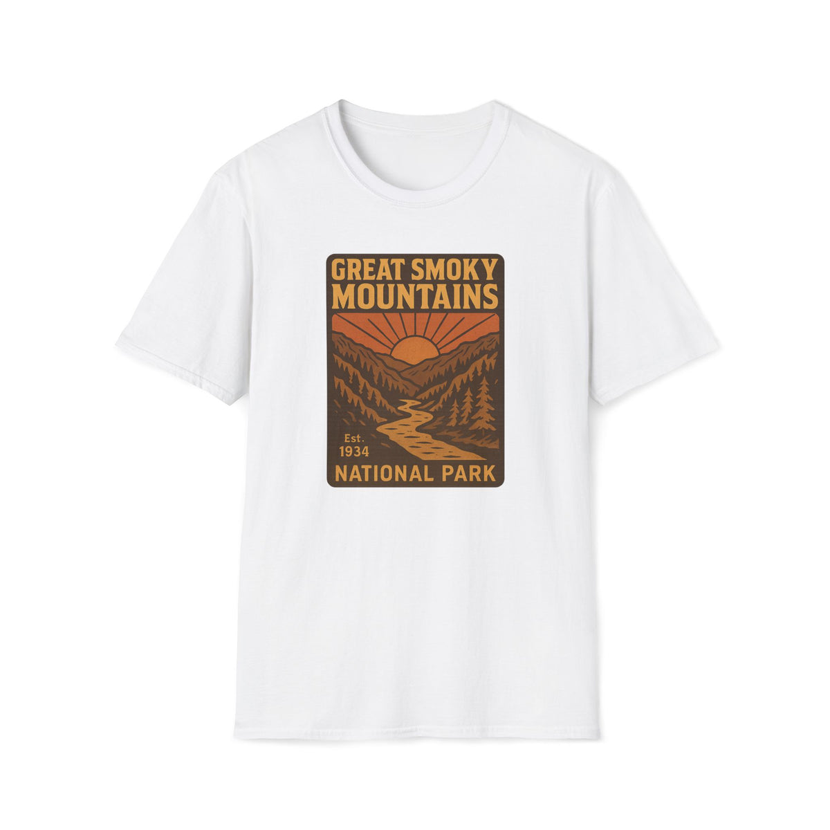 A white short-sleeve crewneck t-shirt featuring a retro-style graphic print of the Great Smoky Mountains National Park on the chest.