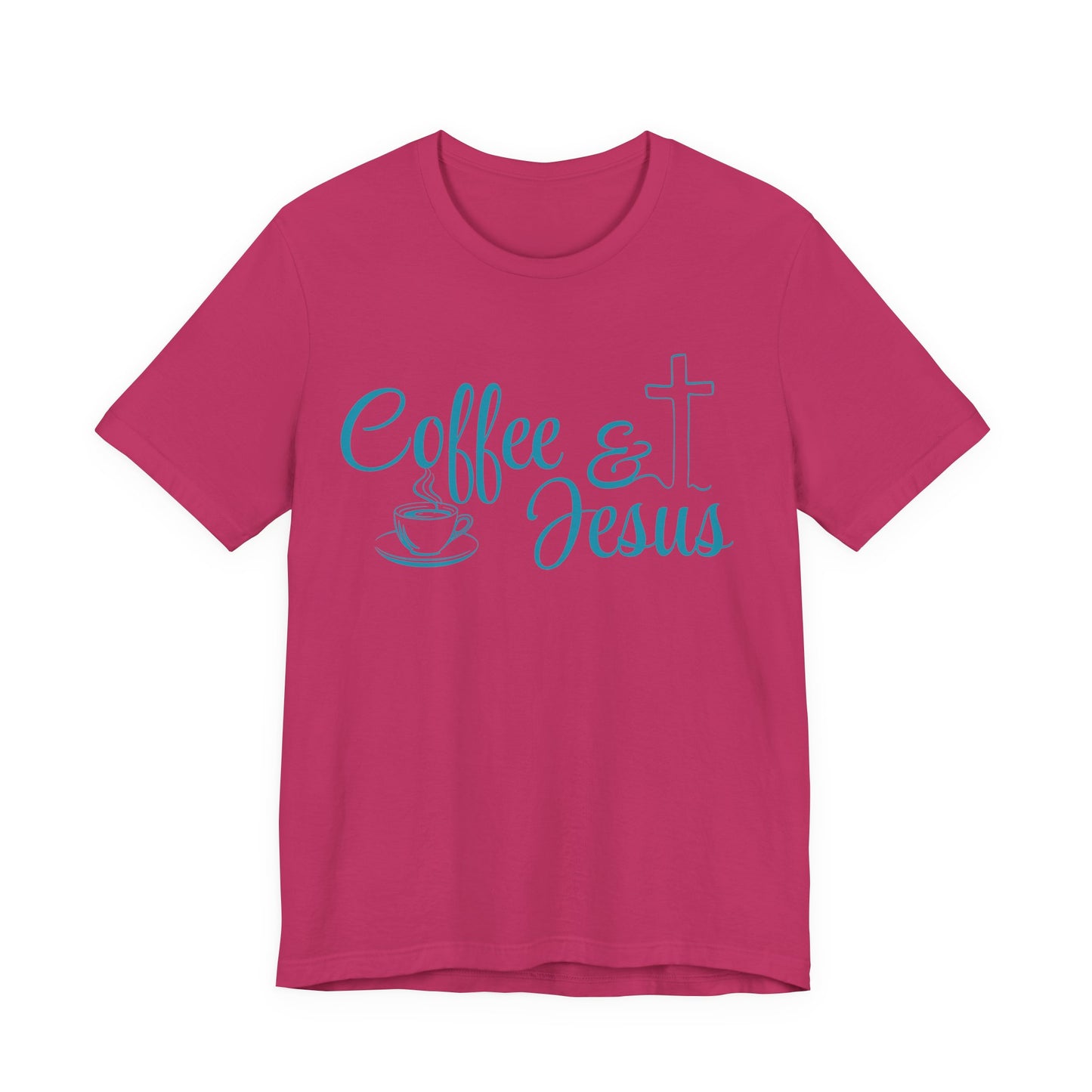 A bright pink short-sleeve crewneck t-shirt with a light blue graphic on the front reading 'Coffee & Jesus' alongside a coffee cup and cross design, shown on a plain white background.