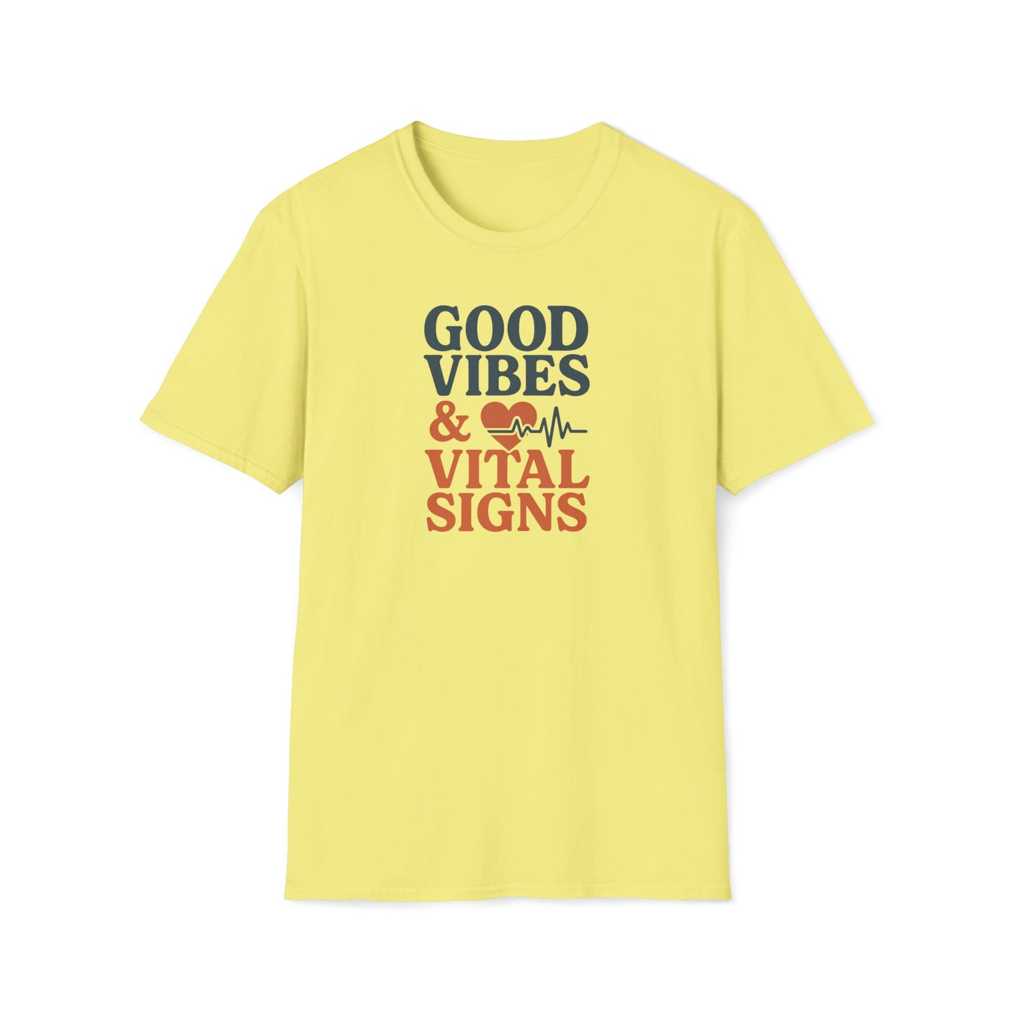 A light yellow short-sleeve crewneck t-shirt with a graphic on the chest that reads 'GOOD VIBES & VITAL SIGNS' in dark green and orange-red lettering, accompanied by a small red heart and green heartbeat line, shown on a plain white background.