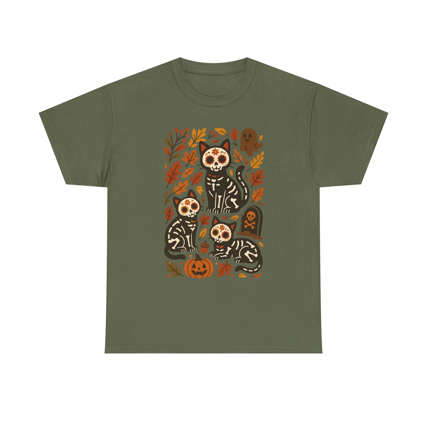 An olive green short-sleeve crewneck t-shirt featuring a colorful graphic print of three black and white sugar-skull cats surrounded by autumn leaves, pumpkins, and tombstones.