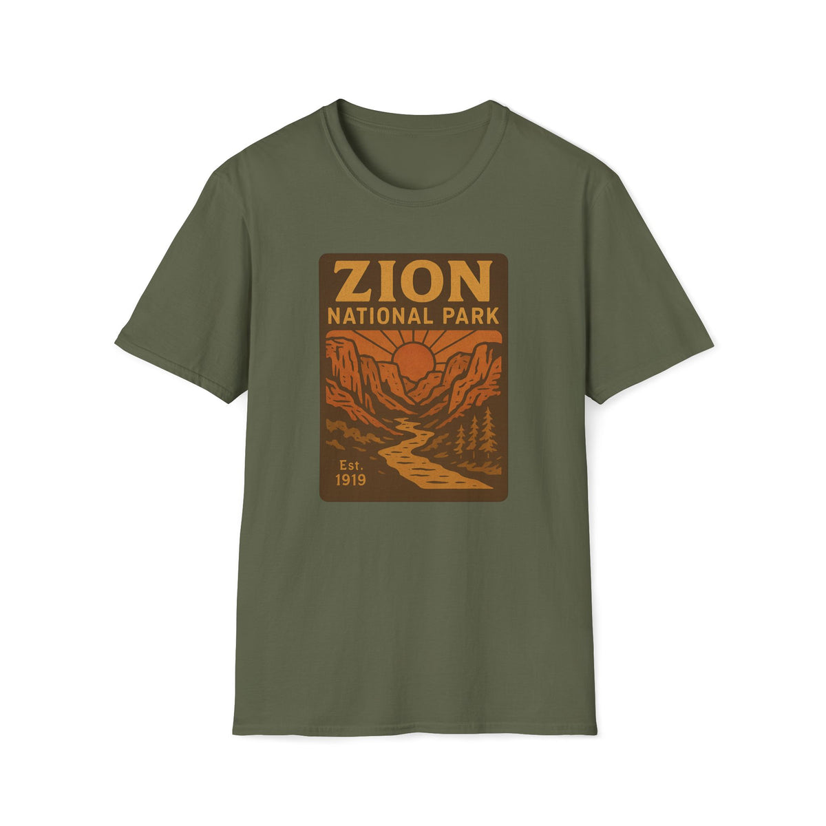 An olive green short-sleeve crewneck t-shirt featuring a retro-style brown and orange graphic print of Zion National Park on the chest.