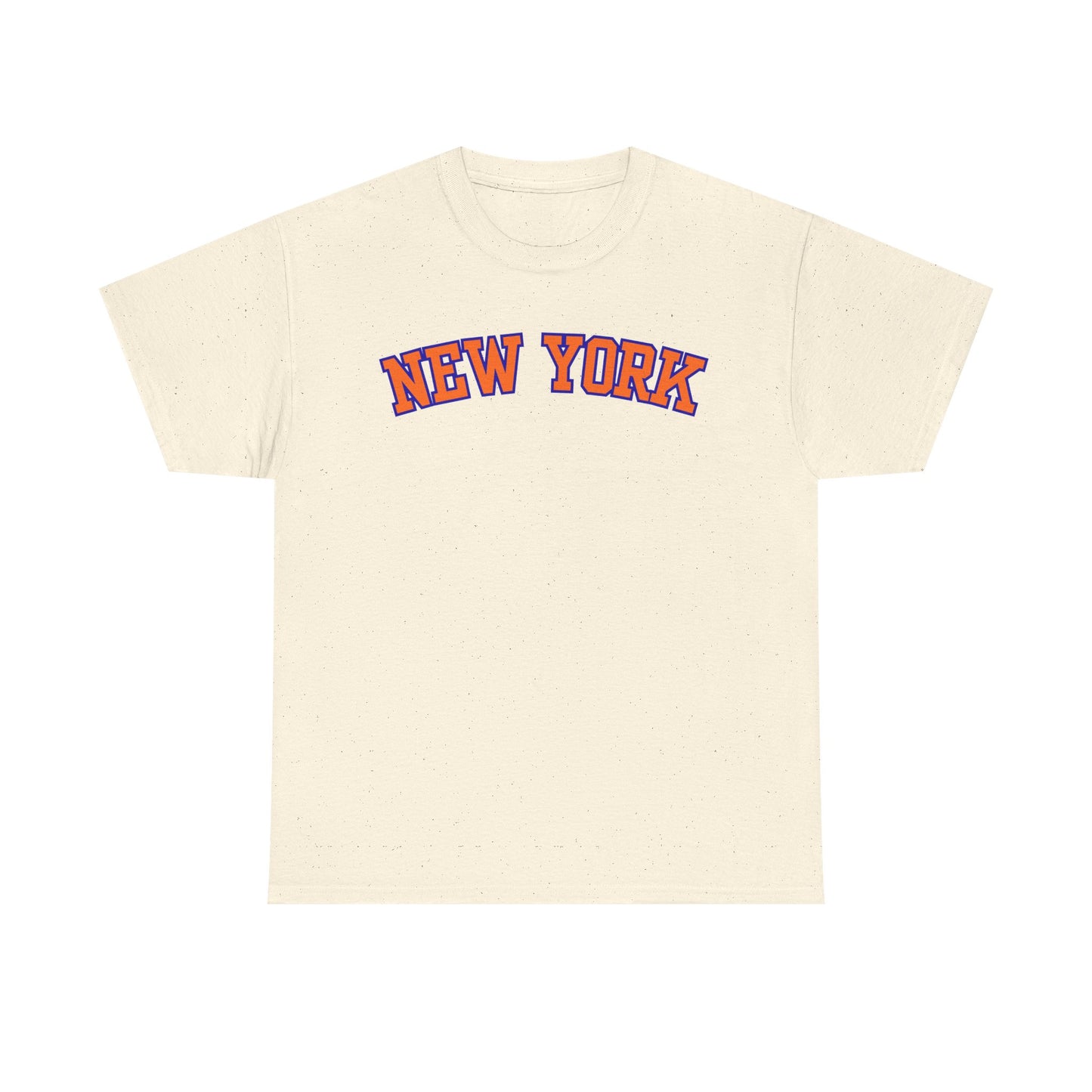 An off-white short-sleeve t-shirt with 'NEW YORK' printed in arched orange letters with a blue outline across the chest, displayed on a solid white background.