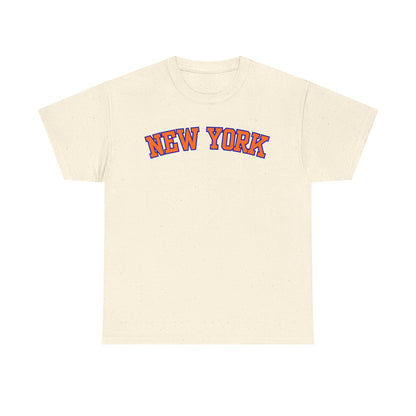 An off-white short-sleeve t-shirt with 'NEW YORK' printed in arched orange letters with a blue outline across the chest, displayed on a solid white background.