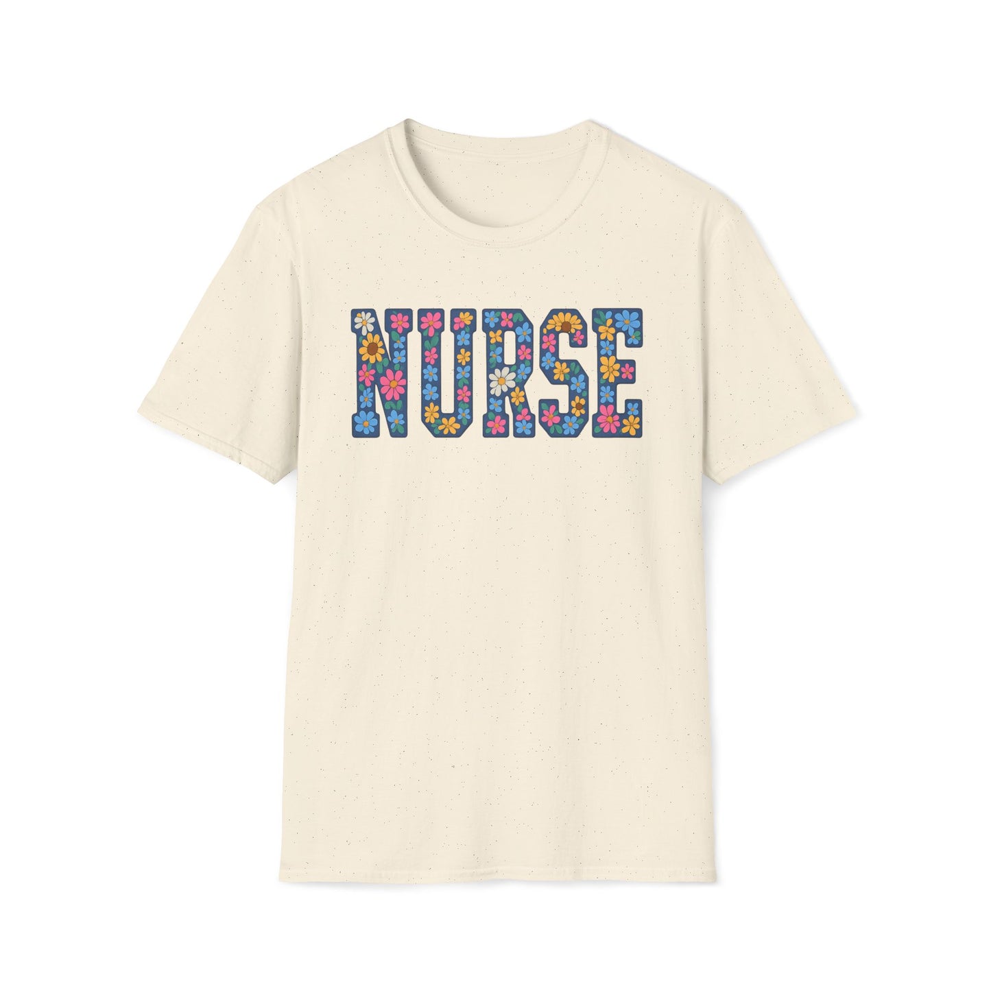 An off-white crewneck t-shirt featuring the word 'NURSE' printed across the chest in a colorful floral patterned font, displayed on a clean white background.