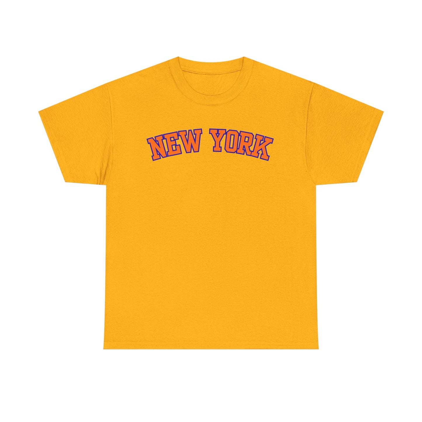A yellow short-sleeve t-shirt with 'NEW YORK' printed across the chest in red letters with a blue outline, displayed on a solid white background.