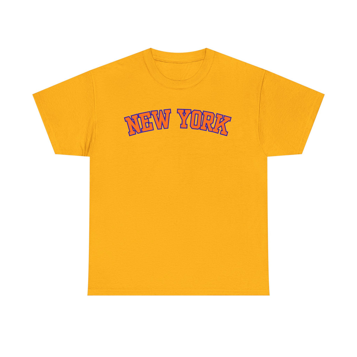 A yellow short-sleeve t-shirt with 'NEW YORK' printed across the chest in red letters with a blue outline, displayed on a solid white background.