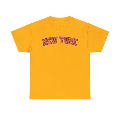A yellow short-sleeve t-shirt with 'NEW YORK' printed across the chest in red letters with a blue outline, displayed on a solid white background.