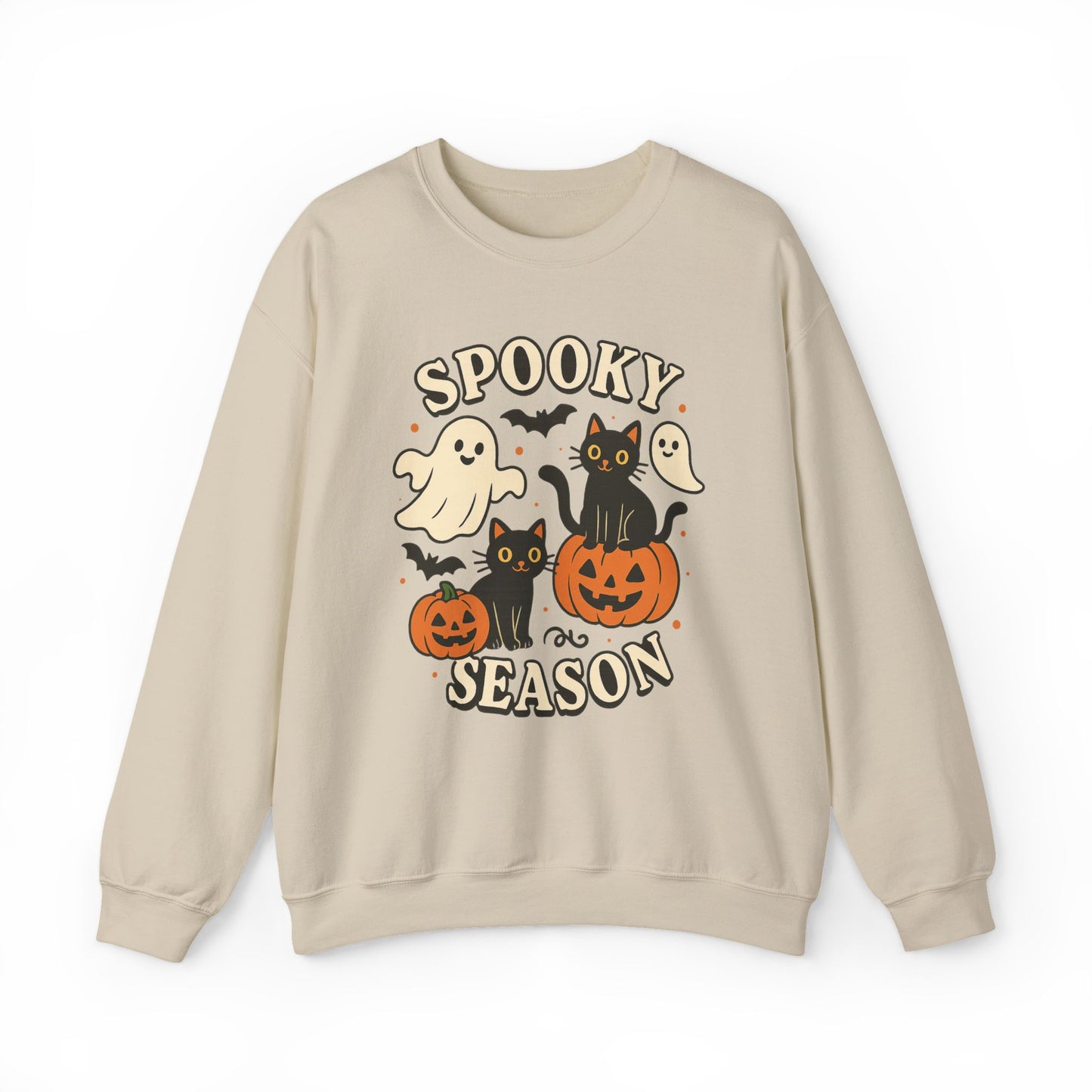 A beige crewneck sweatshirt featuring a 'Spooky Season' Halloween graphic with cartoon ghosts, black cats, pumpkins, and bats on a white background.