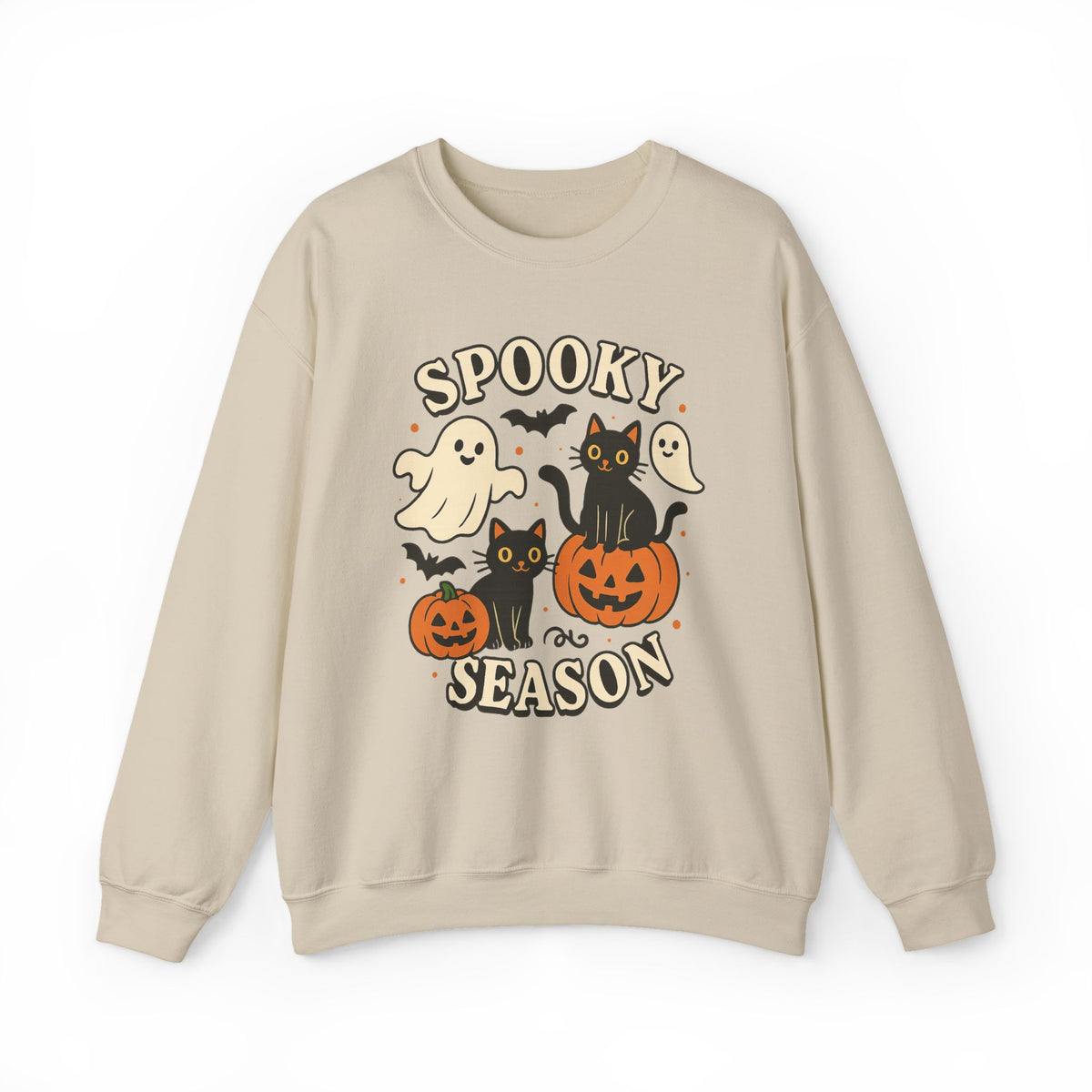A beige crewneck sweatshirt featuring a 'Spooky Season' Halloween graphic with cartoon ghosts, black cats, pumpkins, and bats on a white background.