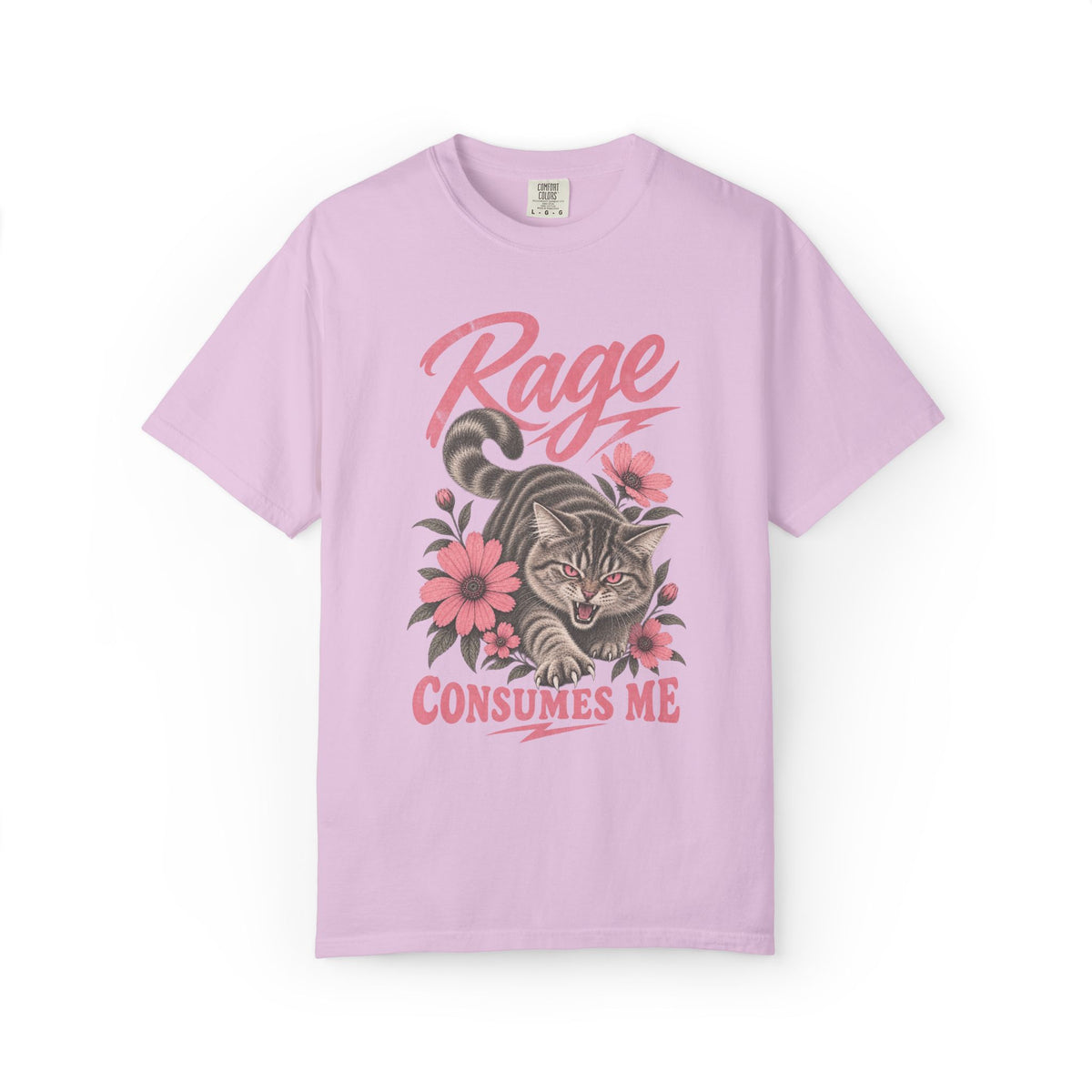 oversized light purple graphic t-shirt with a cat illustration and the text 'Rage Consumes Me'.