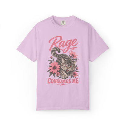 oversized light purple graphic t-shirt with a cat illustration and the text 'Rage Consumes Me'.