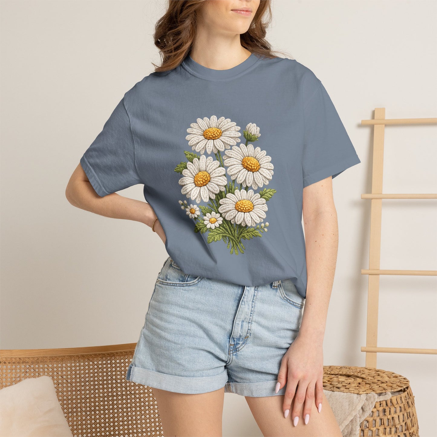 Faux Embroidered Daisy Shirt - Crochet Style Floral Tee - Comfort Colors