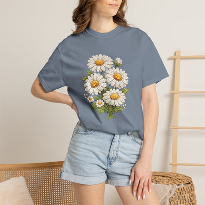 Faux Embroidered Daisy Shirt - Crochet Style Floral Tee - Comfort Colors
