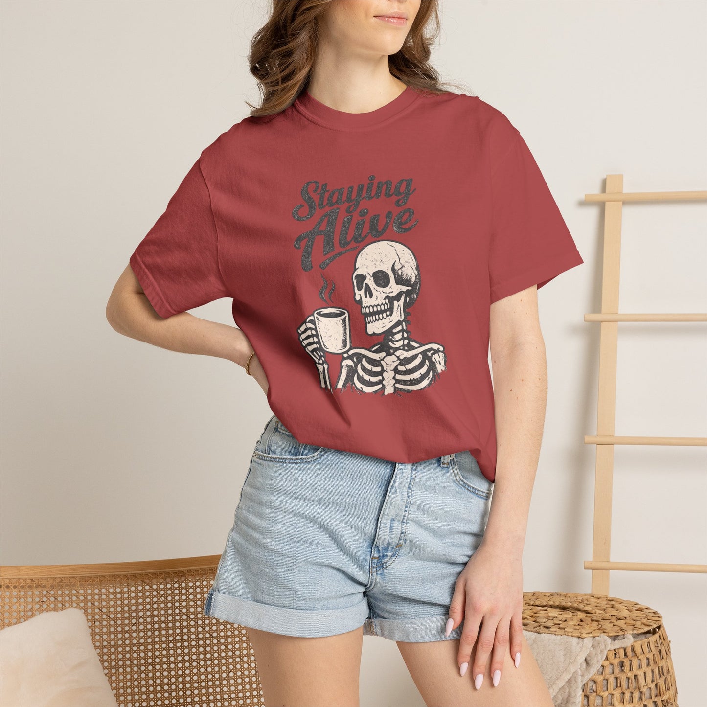 Staying Alive Skeleton Coffee T-Shirt | Skull with Mug Tee