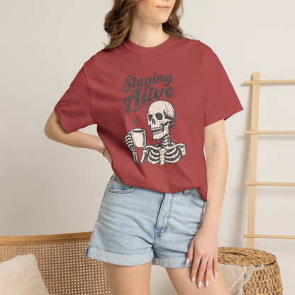 Staying Alive Skeleton Coffee T-Shirt | Skull with Mug Tee