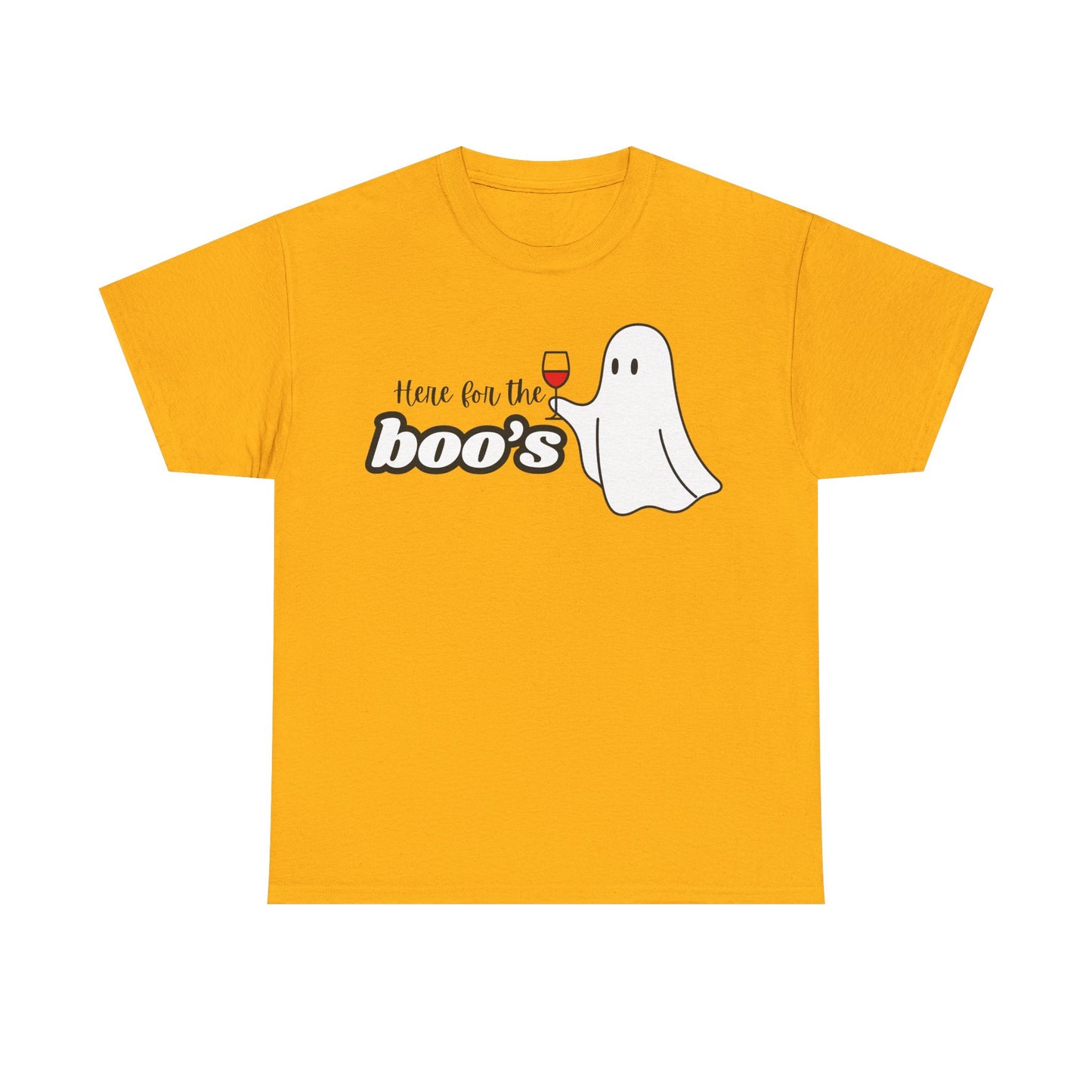 A yellow short-sleeve crewneck t-shirt with a graphic on the chest that reads 'Here for the boo's' next to a cartoon ghost holding a wine glass, shown on a plain white background.