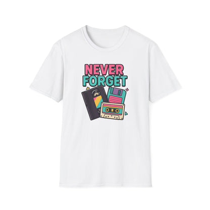 Vintage Tech 'Never Forget' T-Shirt — Retro Cassette, Floppy & Tape Design
