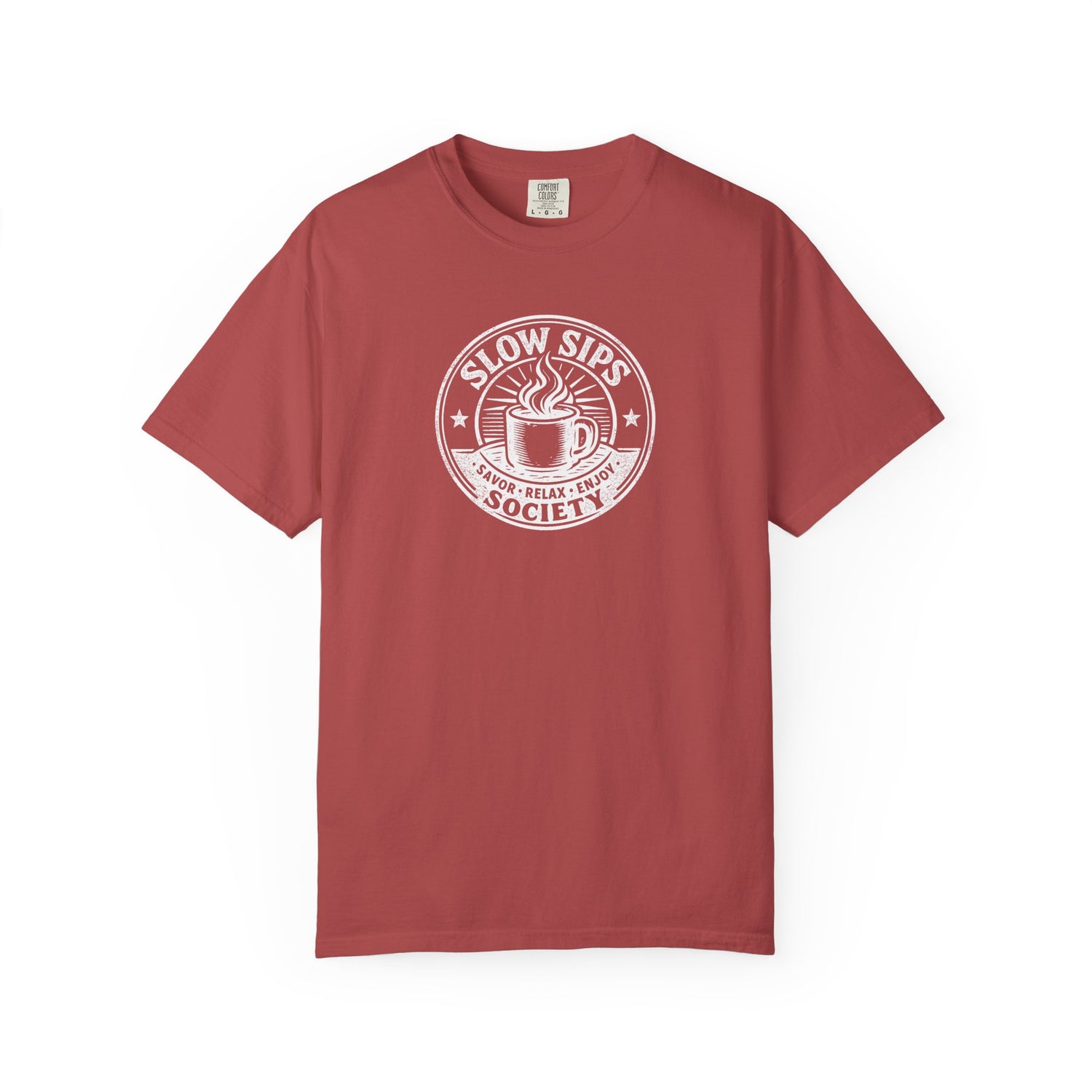 A dusty red short-sleeve crewneck t-shirt with a white circular graphic on the chest that reads 'SLOW SIPS SOCIETY' around an illustration of a coffee cup.