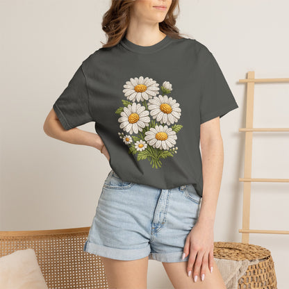 Faux Embroidered Daisy Shirt - Crochet Style Floral Tee - Comfort Colors