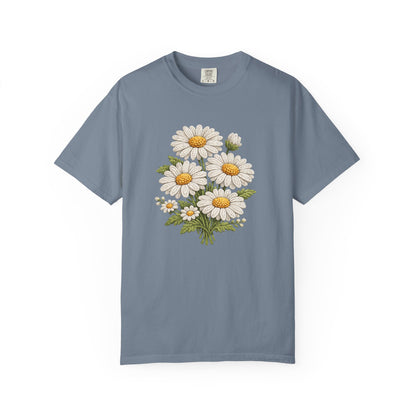 Faux Embroidered Daisy Shirt - Crochet Style Floral Tee - Comfort Colors