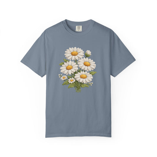 Faux Embroidered Daisy Shirt - Crochet Style Floral Tee - Comfort Colors