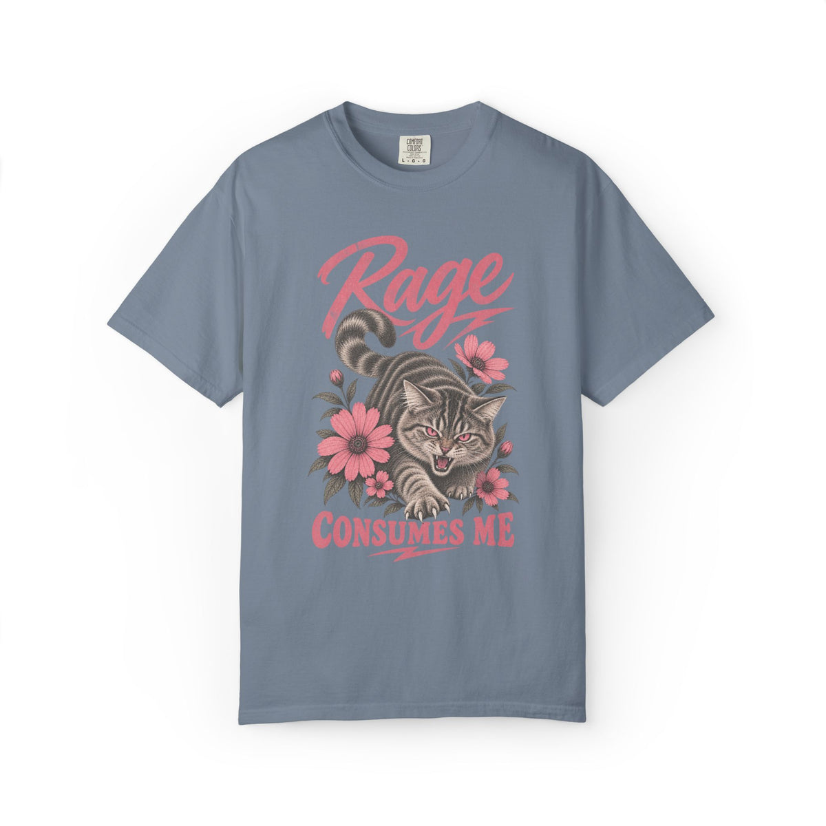 A slate blue short-sleeve t-shirt with a graphic print of a tabby cat surrounded by pink flowers and the text 'Rage CONSUMES ME' in pink, displayed on a clean white background.