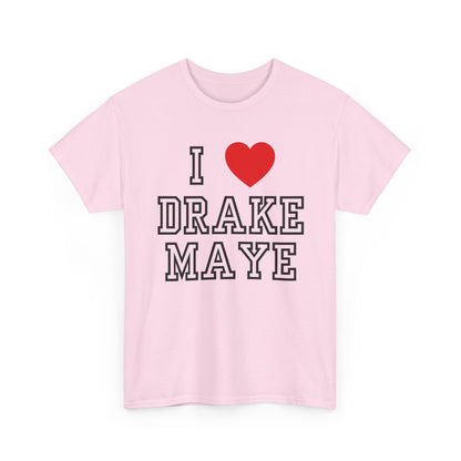 A light pink short-sleeve t-shirt with a graphic print on the front that reads 'I [red heart] DRAKE MAYE' in varsity-style lettering, shown against a plain white background.