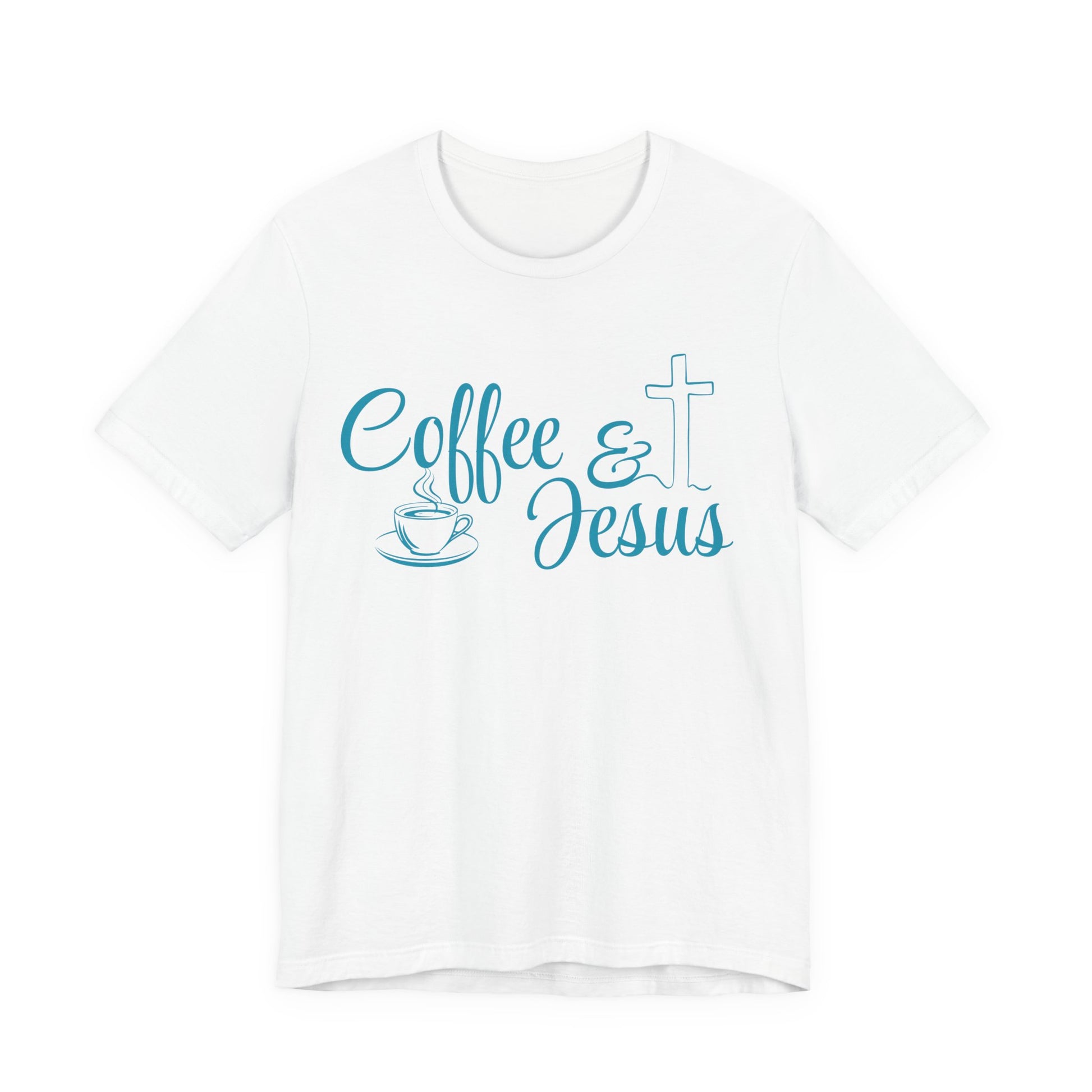 A white short-sleeve crewneck t-shirt with a light blue graphic on the chest reading 'Coffee & Jesus' alongside a coffee cup and a cross.