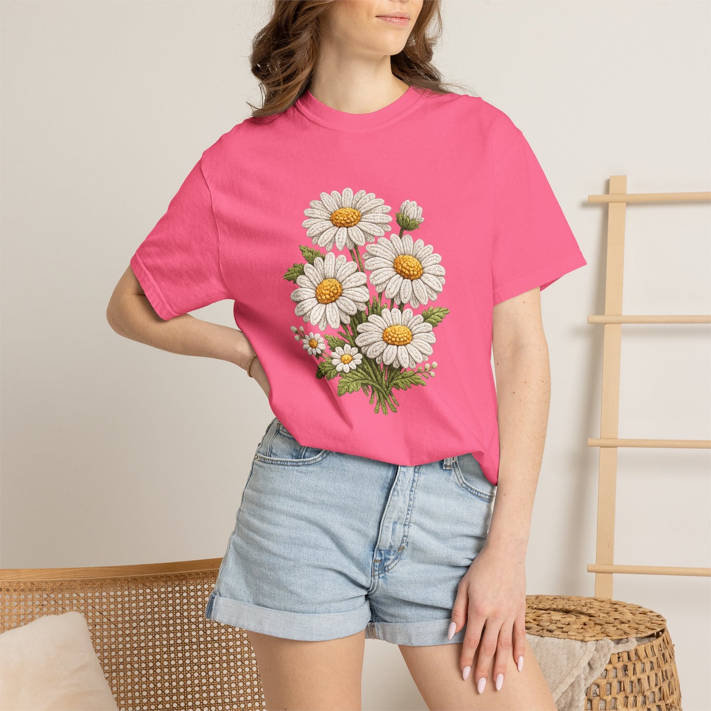 Faux Embroidered Daisy Shirt - Crochet Style Floral Tee - Comfort Colors