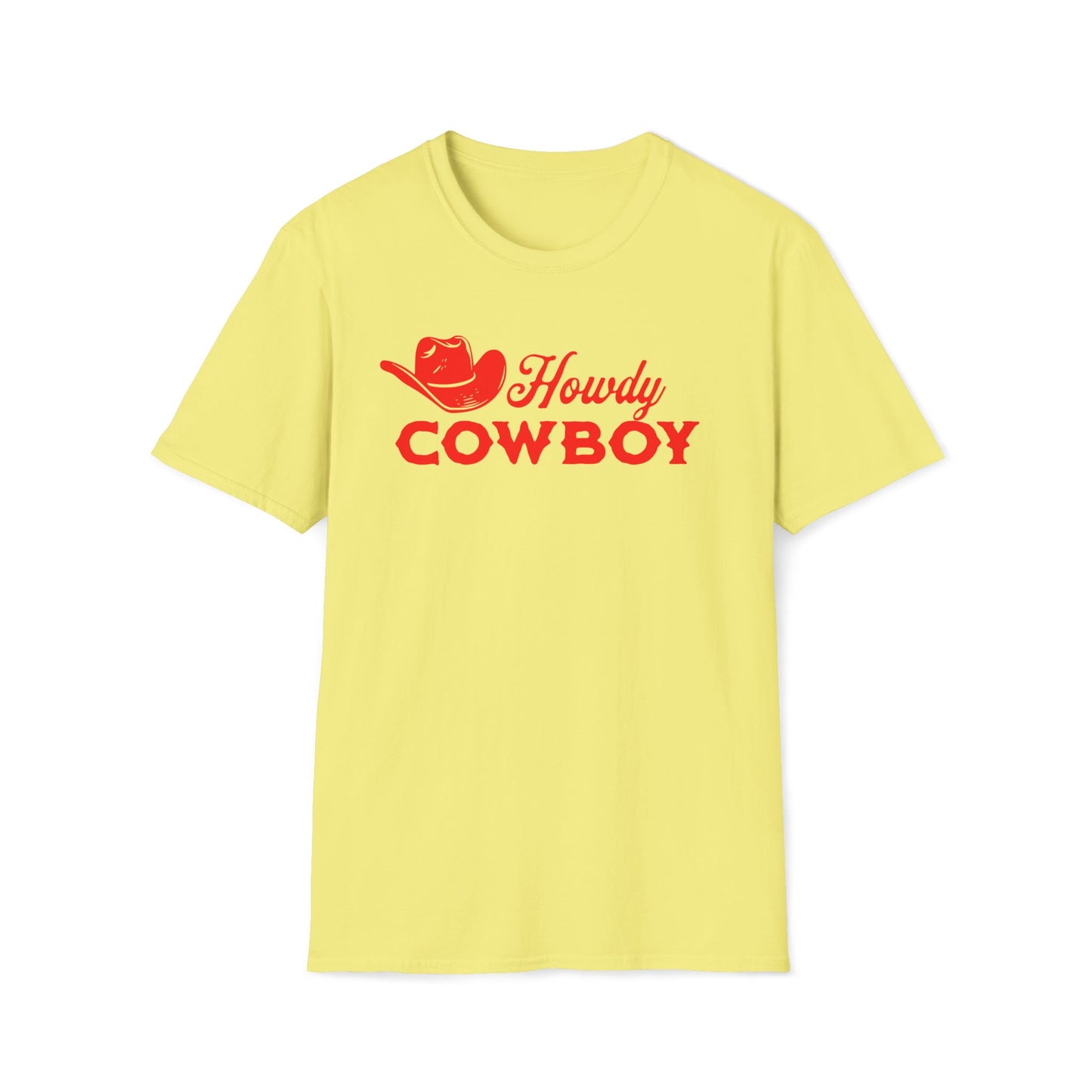A pale yellow short-sleeve crewneck t-shirt with a red graphic on the chest that reads 'Howdy COWBOY' alongside a cowboy hat illustration.