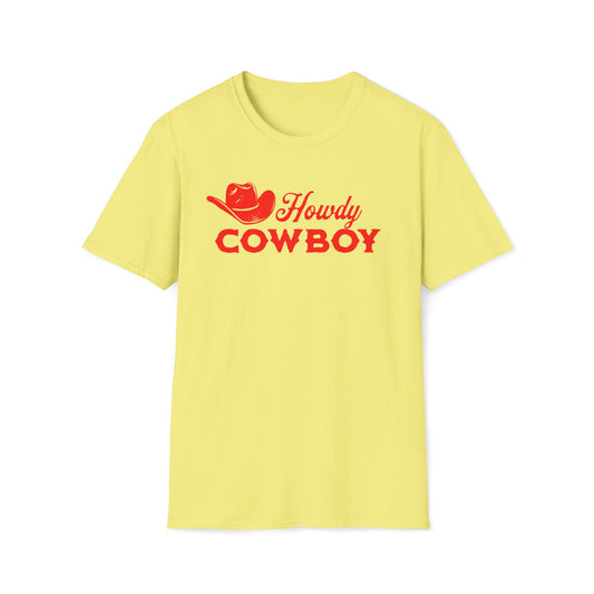 A pale yellow short-sleeve crewneck t-shirt with a red graphic on the chest that reads 'Howdy COWBOY' alongside a cowboy hat illustration.