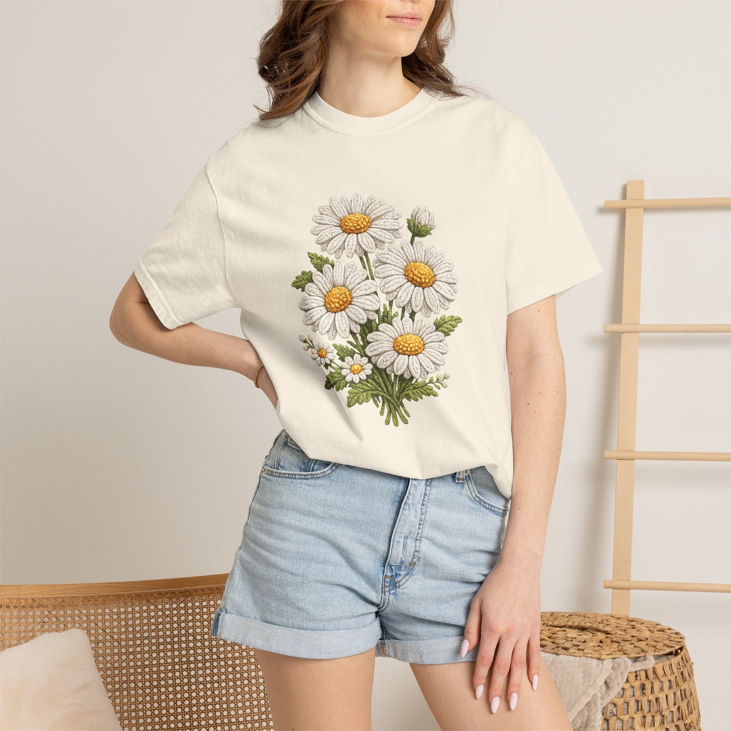 Faux Embroidered Daisy Shirt - Crochet Style Floral Tee - Comfort Colors