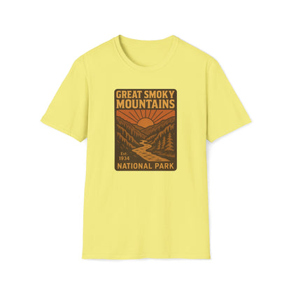 A pale yellow short-sleeve t-shirt with a retro-style graphic of the Great Smoky Mountains National Park on the chest, displayed against a plain white background.