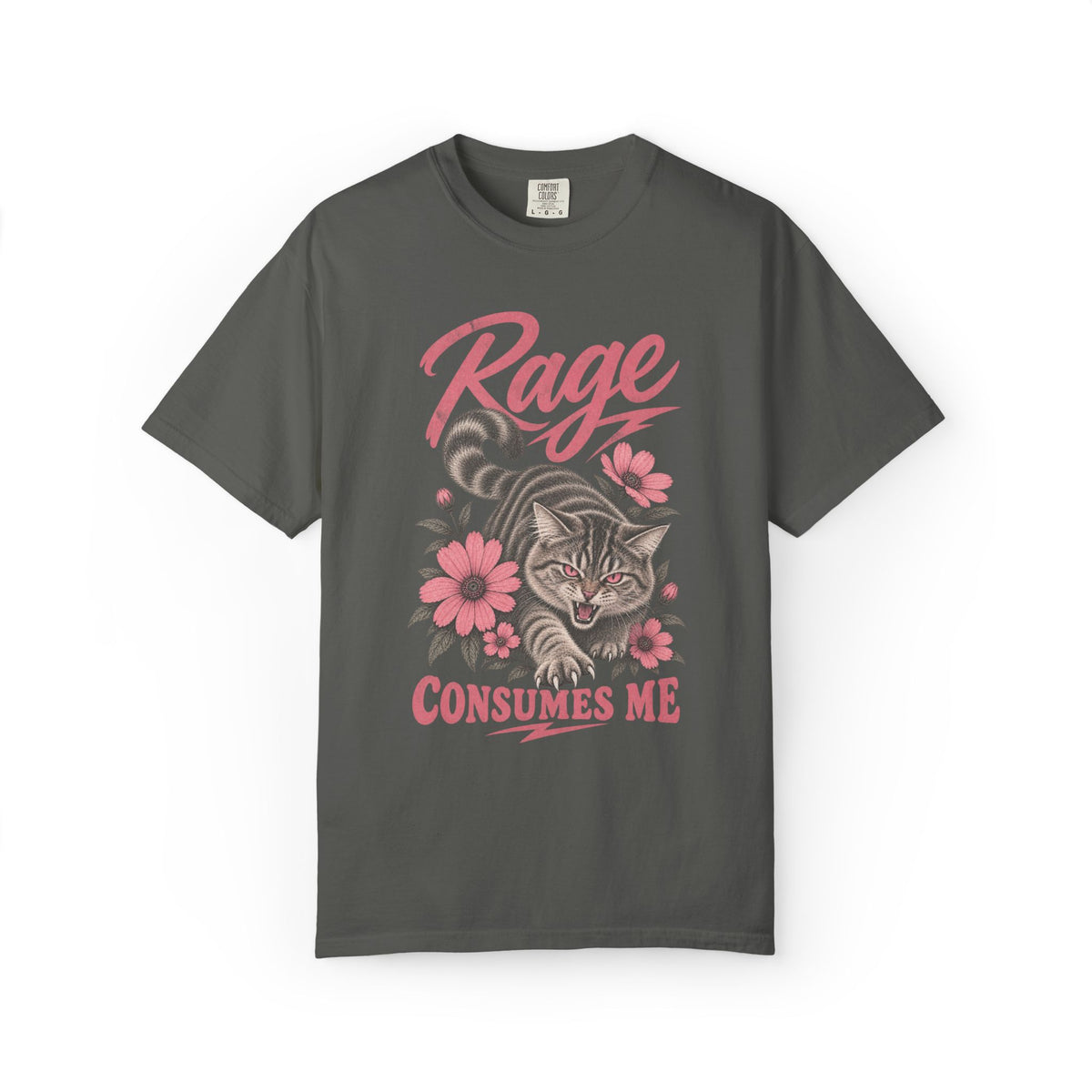 oversized pepper colored graphic t-shirt with a cat illustration and the text 'Rage Consumes Me'.
