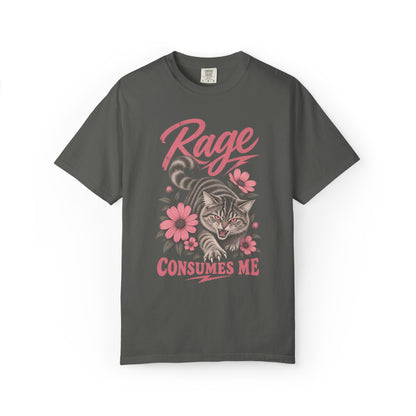 oversized pepper colored graphic t-shirt with a cat illustration and the text 'Rage Consumes Me'.
