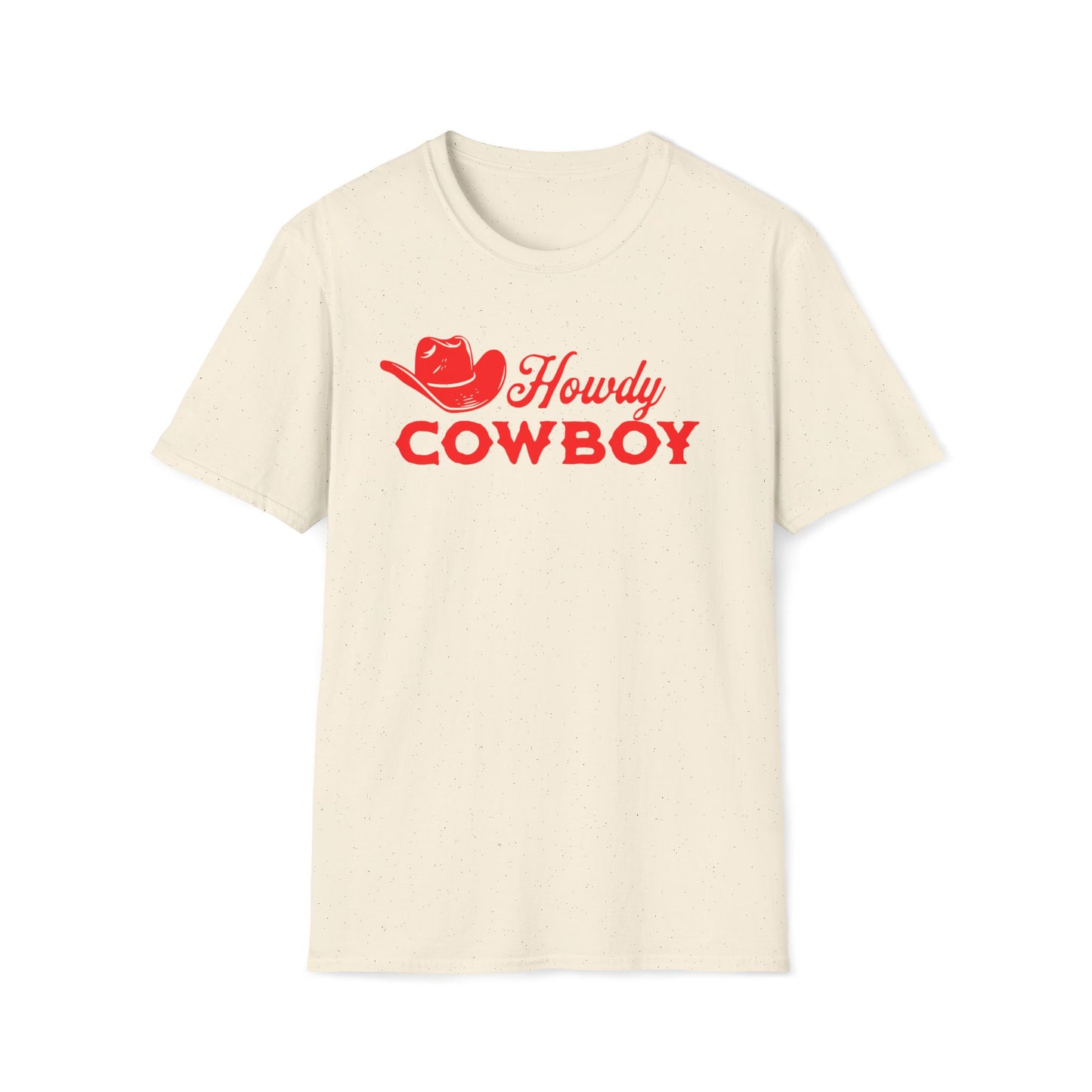 An off-white short-sleeve crewneck t-shirt with a red graphic on the chest that reads 'Howdy COWBOY' alongside a cowboy hat illustration.