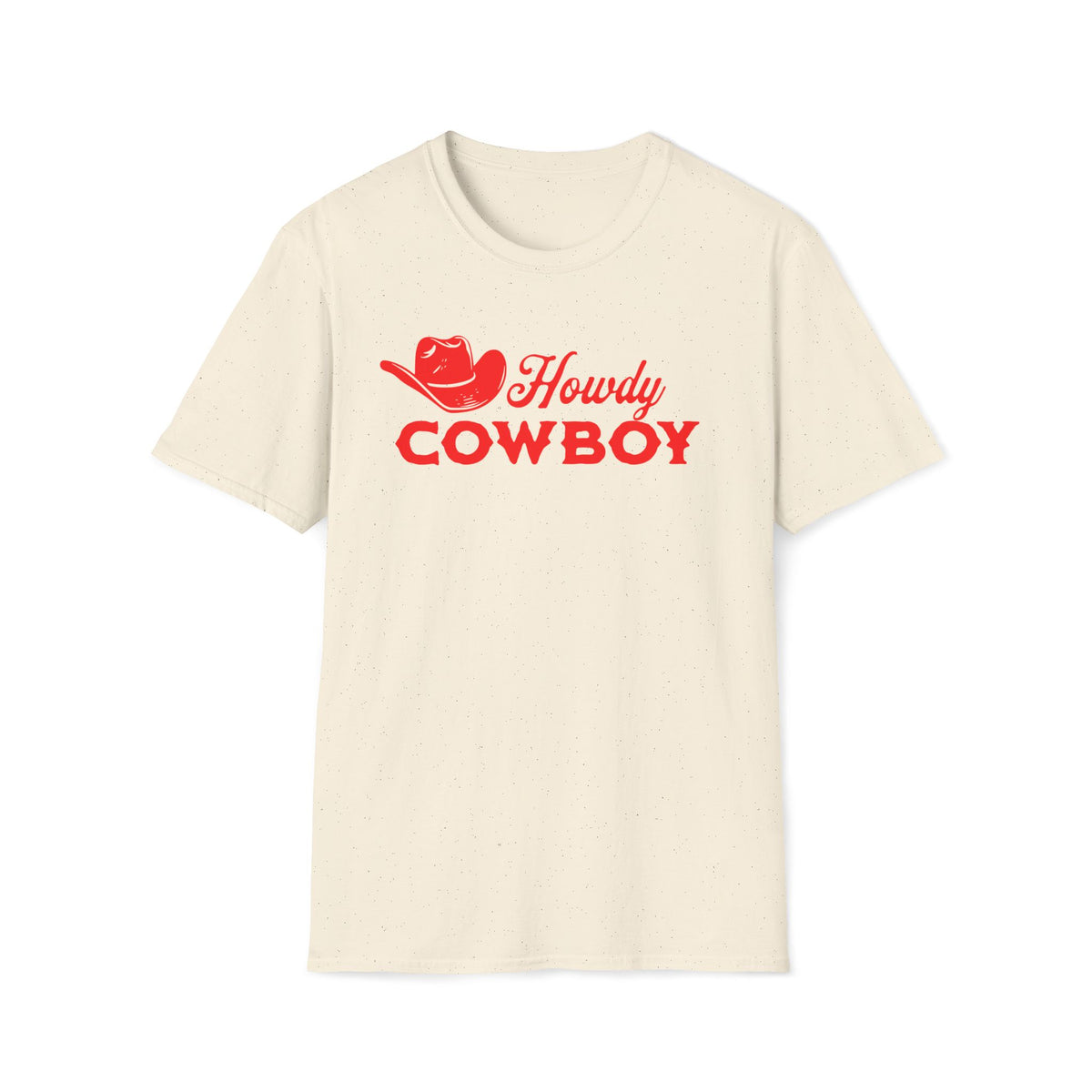 An off-white short-sleeve crewneck t-shirt with a red graphic on the chest that reads 'Howdy COWBOY' alongside a cowboy hat illustration.