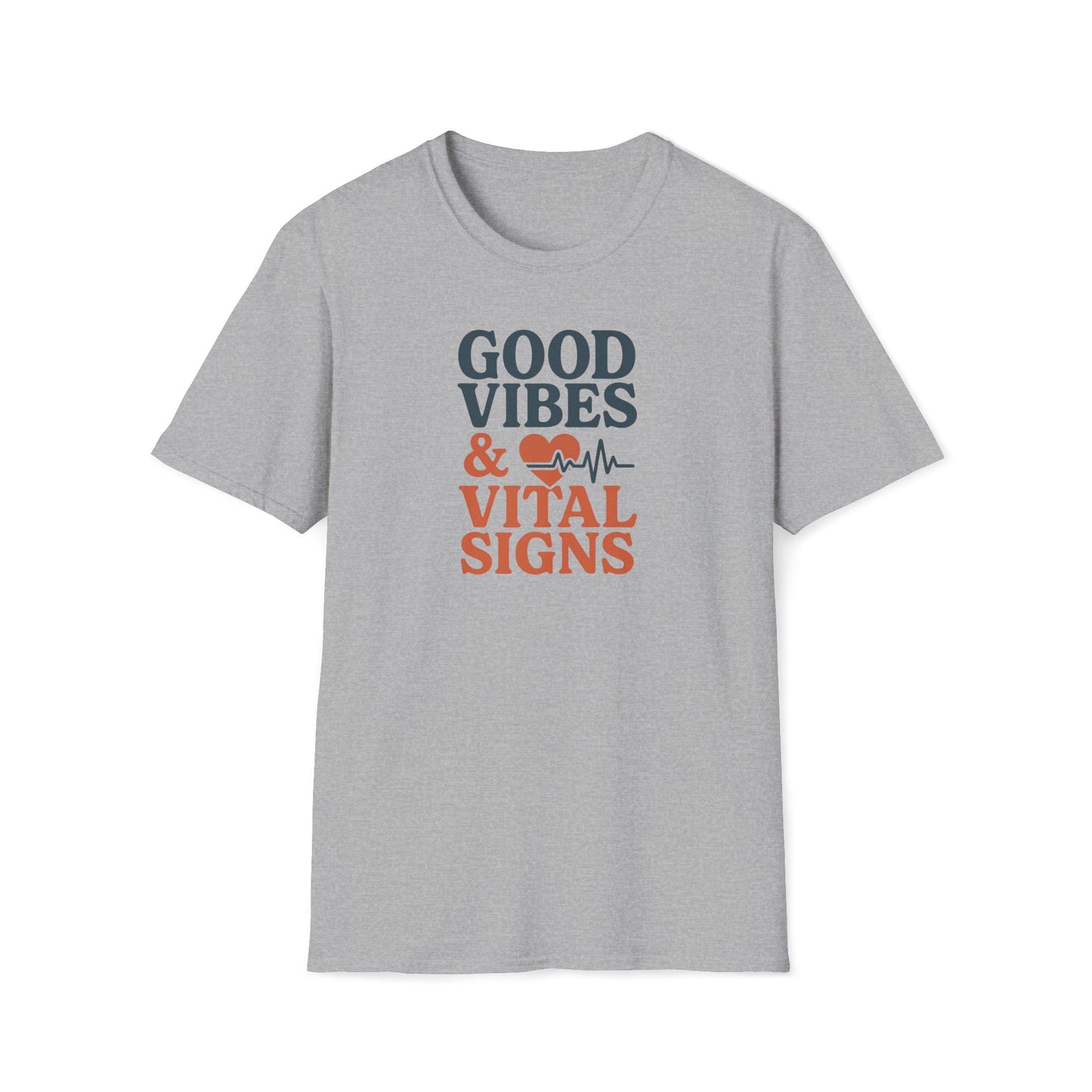 A light heather gray short-sleeve t-shirt with a graphic on the chest that reads 'GOOD VIBES & VITAL SIGNS' in dark blue and orange text, accompanied by a heart and heartbeat line icon.