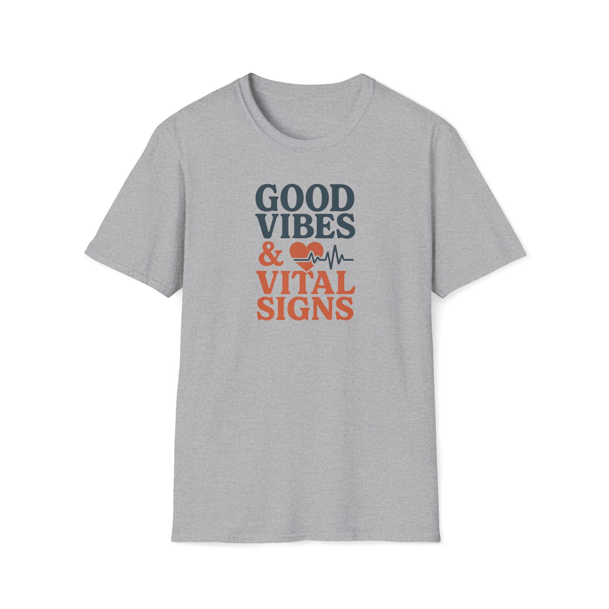 A light heather gray short-sleeve t-shirt with a graphic on the chest that reads 'GOOD VIBES & VITAL SIGNS' in dark blue and orange text, accompanied by a heart and heartbeat line icon.
